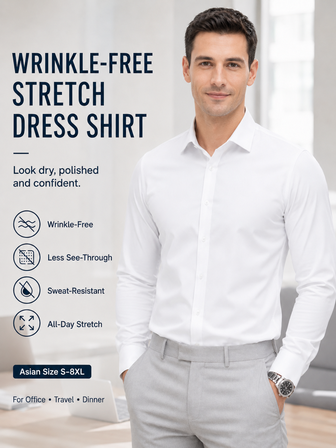 Mens Formal - Mens Non-Iron Stretch Dress Shirt Long