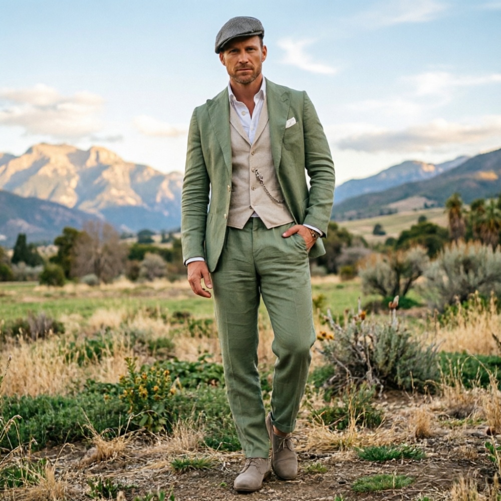 Sage Green Linen Men 3 Piece S - Men Formal Wear Outfits avaliação e preço