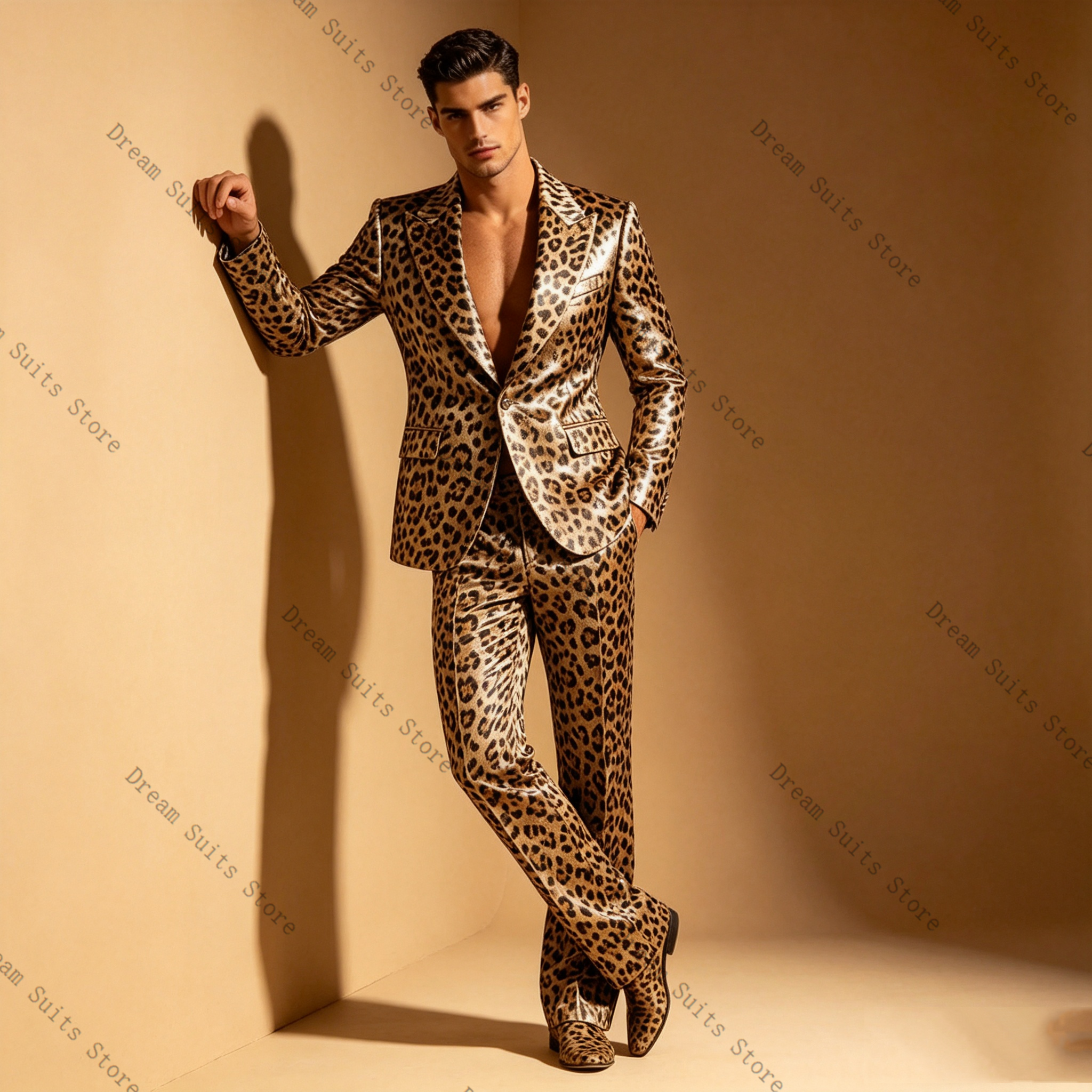 Leopard Print Men Suit Set 2 P - Men Formal Wear Brown avaliação e preço